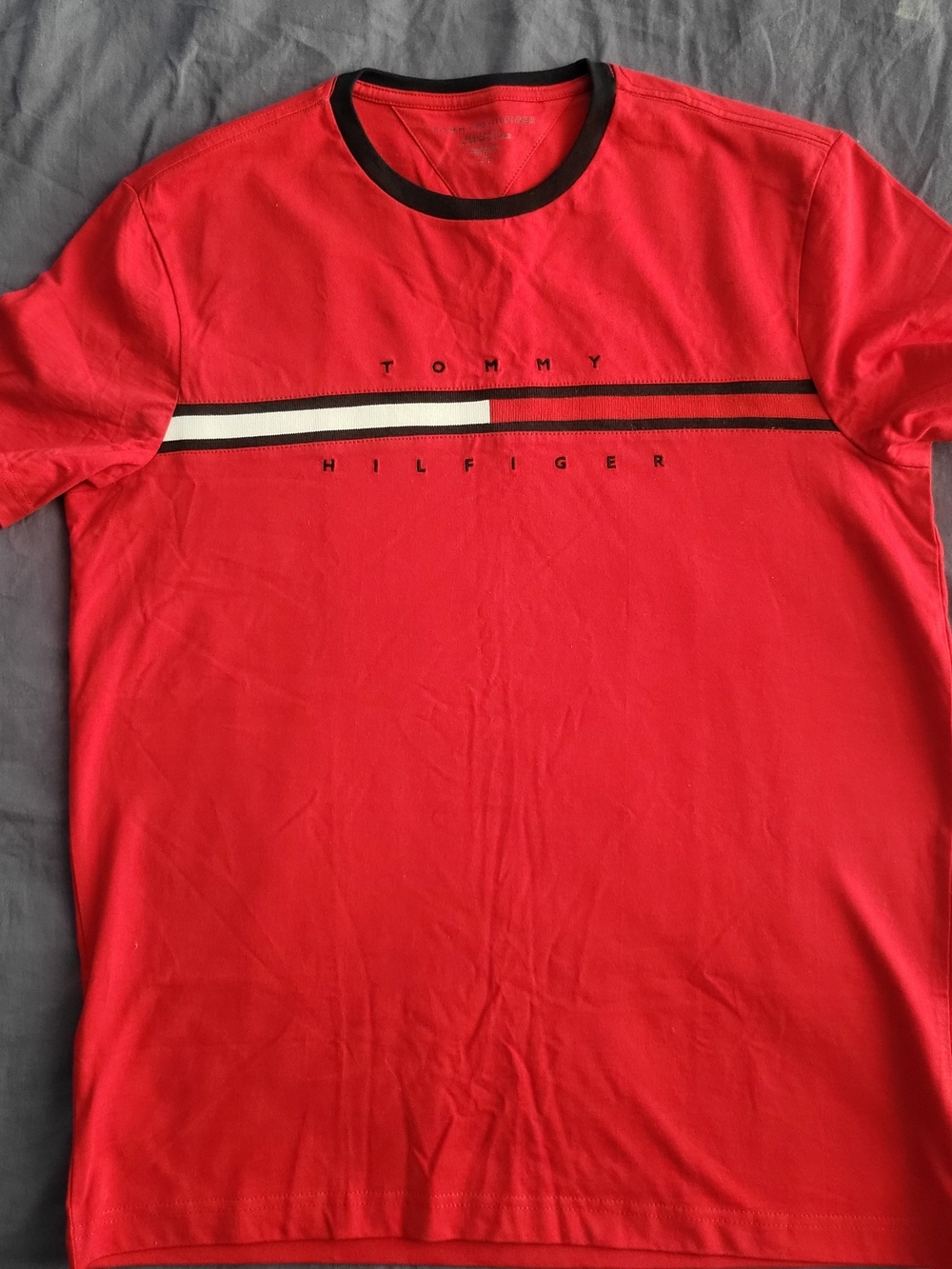 Tommy Hilfiger Red Short-Sleeve Crew with Black & White Stripe